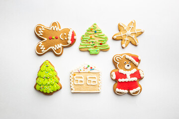 Christmas square composition made of gingerbread on white background. Christmas concept. Flat lay, top view.