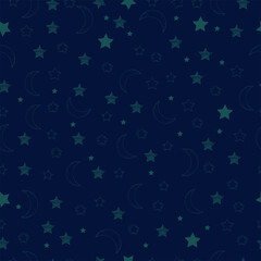 Nights sky with stars and moon, seamless pattern, vector