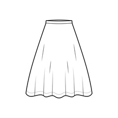 Skirt flared skater technical fashion illustration with knee lengths, A-line fullness, thin waistband . Flat bottom apparel template front, white color style. Women, men, unisex CAD mockup