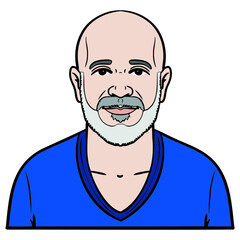 bald man with gray beard and blue t shirt. avatar, comic, upper body.