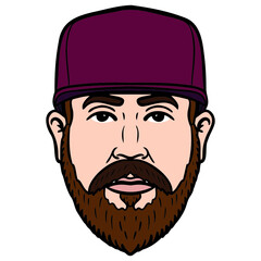 man's head with brown beard and red baseball cap. avatar, comic.