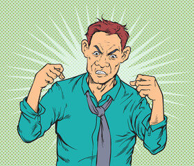 The man gets angry, raises his fist. hand drawn style vector design illustrations.