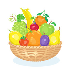 Large basket with colorful fruits. Pear, tangerine, strawberry, banana, apple, orange, cherry, grape, plum and lemon. Isolated on white background. Vector flat illustration.