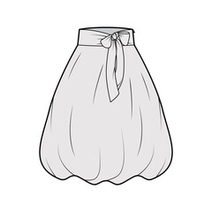 Skirt balloon technical fashion illustration with bow, below-the-knee length silhouette, wide stretch waistband. Flat bottom template front, grey color style. Women men unisex CAD mockup