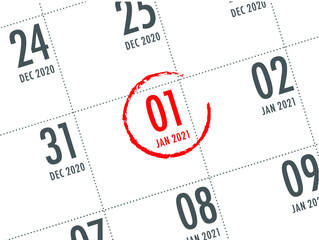 Close up of first day of the year 2021 on diary calendar, simple and clean design vector. 

