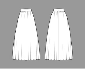 Skirt maxi dirndl technical fashion illustration with floor ankle lengths silhouette, semi-circular fullness. Flat bottom template front, back, white color style. Women men unisex CAD mockup