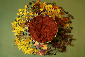 sfondo autunnale per fotografia di neonati, con decorazione a sfumature di colori autunnali, cesta di vimini e coperta arancione scuro