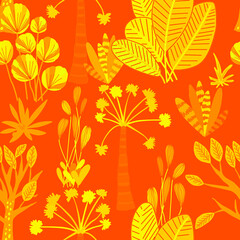 Naklejka na ściany i meble Creative seamless pattern with cartoon forest. Bright summer print with tropical leaves. Tropical pattern. Jungle exotic summer print. 