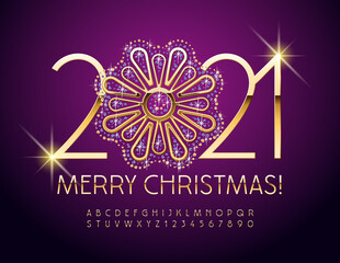 Vector Merry Christmas 2021 with Decorative Gold and Brilliant Flower. Luxury shiny Font. Chic Alphabet Letters and Numbers set
