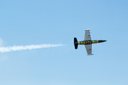 Bangkok, Thailand-March 23, 2013:The Acrobatic Breitling Jet Team performed at the event of Breitling Jet Team Under The Royal Sky at Royal Thai Air Force Base Donmuang by L-39C Albatross jet trainer
