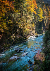 Wandern in der Herbstsonne in der Breitachklamm in Oberstdorf, wunderbare Herbstfarben