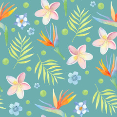 Obraz na płótnie Canvas Seamless pattern. Watercolor exotic flowers. Tropical plants. Strelitzia, Plumeria.