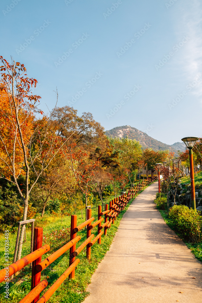 Sticker Bukhansan mountain trail road at autumn in Seoul, Korea