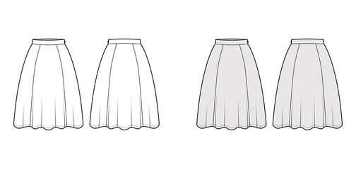 Skirt six gore technical fashion illustration with knee silhouette, semi-circular fullness, thin waistband. Flat bottom template front, back, white grey color style. Women, men, unisex CAD mockup