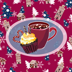 Pink holiday pattern card with cappuccino and chocolate muffin