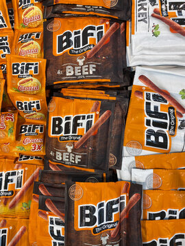 Viersen, Germany - July 9. 2020: Closeup of pile Bifi mini salami sticks in german supermarket