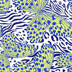 Seamless vector multicolor butterflies pattern. Butterfly on leopard print. Trendy animal motif wallpaper. Fashionable background for fabric, textile, design, banner, cover, web etc. © Fidan.Stock