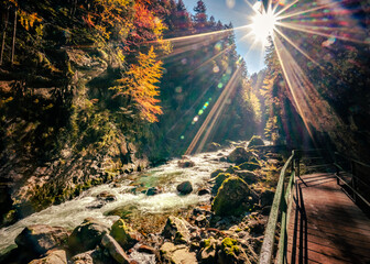 Wandern in der Herbstsonne in der Breitachklamm in Oberstdorf, wunderbare Herbstfarben