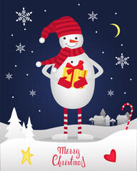 Cute Christmas and new year card with a snowman with gifts and lettering Merry Christmas. 
