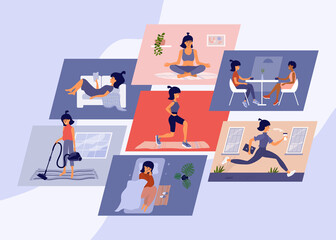 Illustrations female daily routine. Young woman leisure activities. Workout, sport, yoga at home. Housework, reading, sleeping, meeting friends, running to office to work. Girl life scenes. Vector set