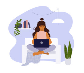 Young woman working at home. Student girl sitting on sofa, studying using laptop. Online education, e-learning. Distant work. Cozy workplace, home office in apartment. Networking vector illustration