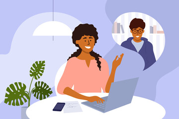 Online video call, team work, networking or business conference. Man and woman talking by laptop webcam. Hiring, job interview, employment. E-learning, web education. Home office vector illustration