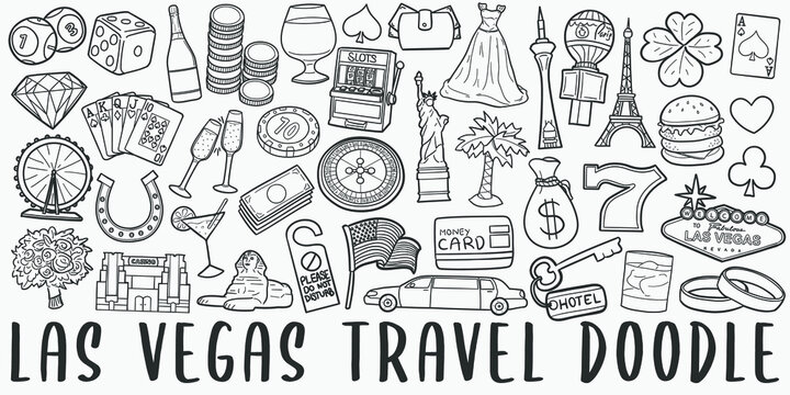 Las Vegas, Nevada doodle icon set. America Vector illustration collection. Banner Hand drawn Line art style.