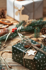 Christmas accessories and new year gift on wooden background