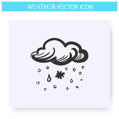 Sleet snow icon. Hand drawn sketch. Snow with rain. Snowy weather. Cloud with raindrops and flakes. Black ice. Glaze frost. Weather forecast concept. Meteorology sign. Isolated vector illustration 