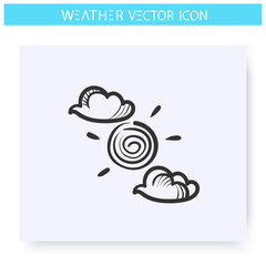 Sun behind the clouds icon. Partly cloudy weather. Hand drawn sketch. Changeable weather. Sunny sky. Weather forecast concept. Meteorology sign. Isolated vector illustration