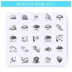 Weather types icons set. Hand drawn sketch. Clear, cloudy, windy, fog, snow and more. Weather forecast concept. Meteorology signs. Isolated vector illustrations. 