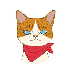 Hand drawn cute cat wearing a red scarf, Isolated on white background. Character design. Vector illustration, Cartoon doodle style.