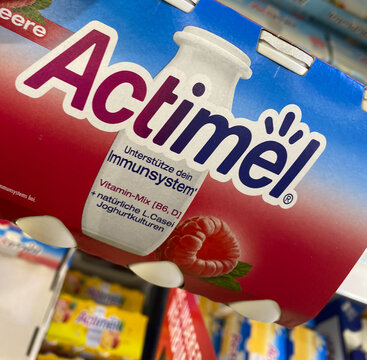 Viersen, Germany - July 9. 2020: View on Actimel yoghurt packet in german supermarket (focus on center of box)