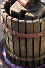 Winepress with red must and helical screw. Production of traditional Italian wines, crushing of grapes.