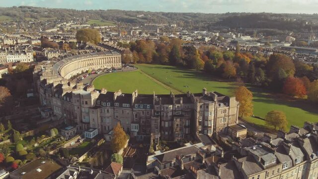 Aerial view of the Royal Crescent during Autumn, Bath, UK