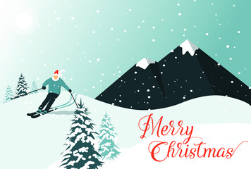 A man skiing in the mountains in Santa's hat. Snowy landscape. Christmas card