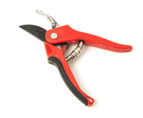 Red pruning shears, garden secateurs or hand pruners are garden tools used in gardening for cutting...