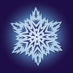 White paper three-dimensional snowflake on a gradient dark blue background