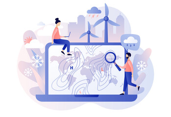 Fototapeta na wymiar World Meteorological day. Meteorology science. Tiny people meteorologist studying and researching weather and climate condition online on laptop. Modern flat cartoon style. Vector illustration