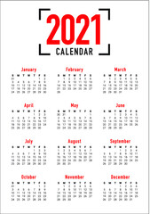 Calendar year 2021 calendar vector design template, simple and clean design
