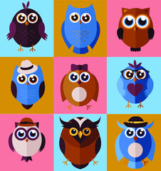 Set of simple vector cute owls birds  for professional design