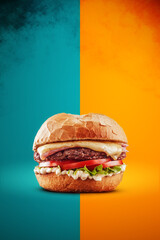 Salad burger with crispy bun in a colorful background - Isolated