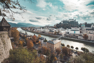 Fototapeta premium European city trip: Salzburg old city in autumn, colorful sunshine, Austria