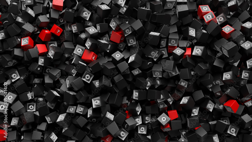 Poster 3d render abstract background made of keycaps. question mark is on red colored elements.