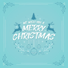 We wish you a Merry Christmas, Merry Christmas greeting card design with snowflakes, holly leaves, stars, deer and other Xmas decorative elements.