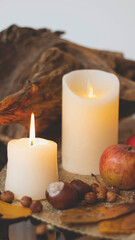 Autumn bouquet of flowers and apples. Autumn bright background with apples, chrysontema, dry leaves. September October November. Seasonal autumn background with yellow and orange colors.