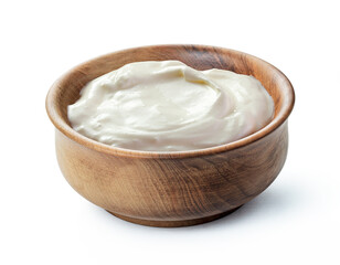 cream sour in traditional russian wooden bowl  isolated white background