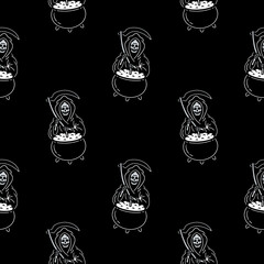 color halloween death with a scythe cauldron pot with seamless pattern