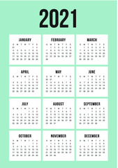 Calendar year 2021 calendar vector design template, simple and clean design