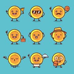 Set of coin characters in the different situations. Vector cartoon illustration. Cute funny coins humanized characters showing various emotions set, money and finance concept cartoon vector Illustrati